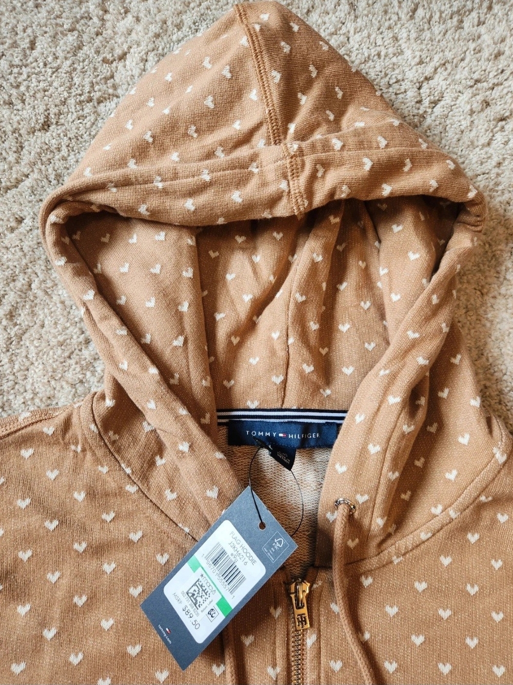 Tommy Hilfiger 100% Cotton Zip-up Tan Hoodie with Tiny White Heart Print - Picture 7 of 16